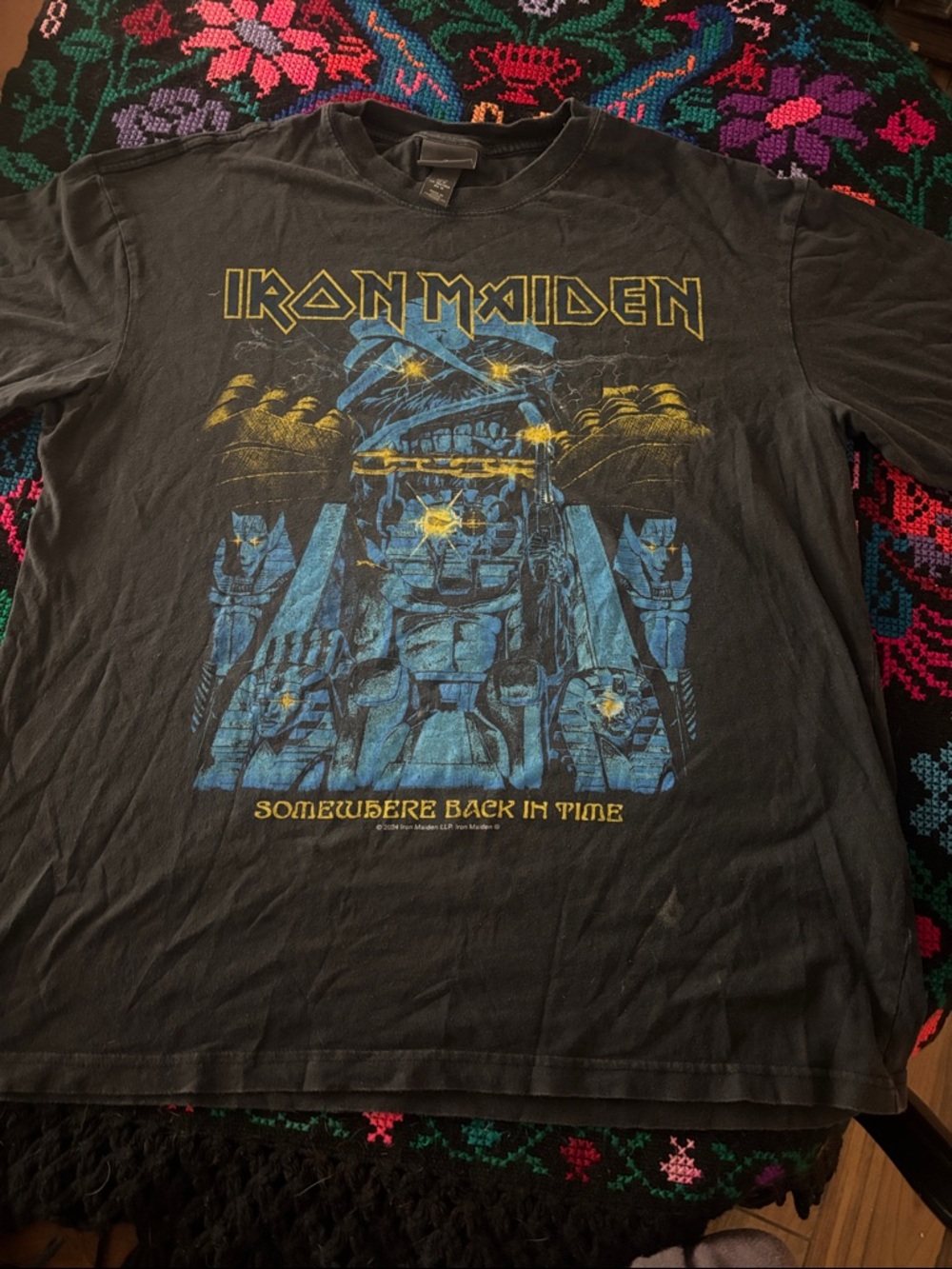 H&M Black Iron Maiden Short Sleeve Graphic Tee with Blue & Yellow Print